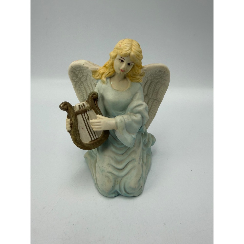 Vintage Kneeling Angel Figurine Porcelain Blue Gown Harp Christmas Decor 4.5"